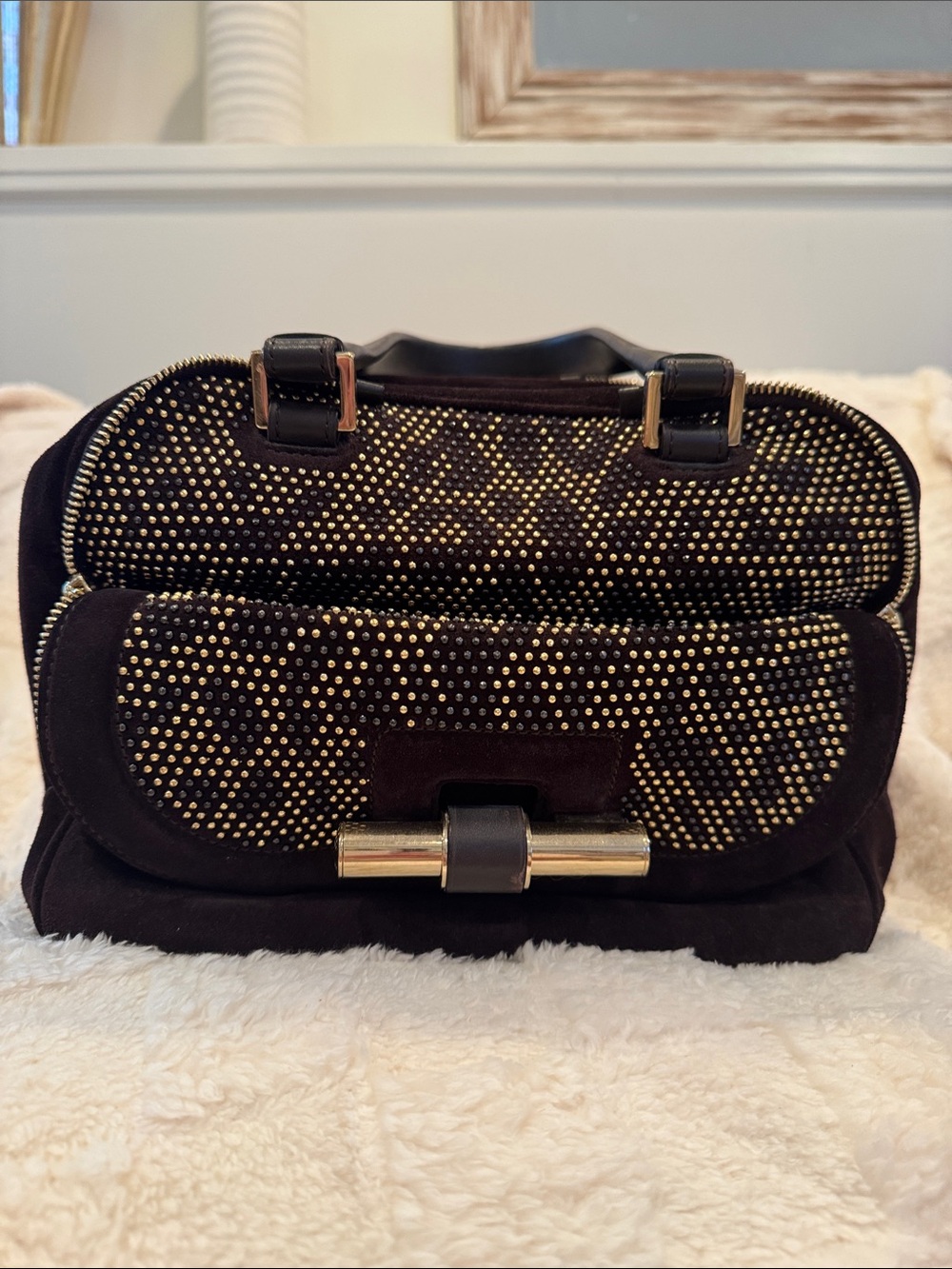 Jimmy Choo Brown Suede Satchel with Gold Stud Detailing